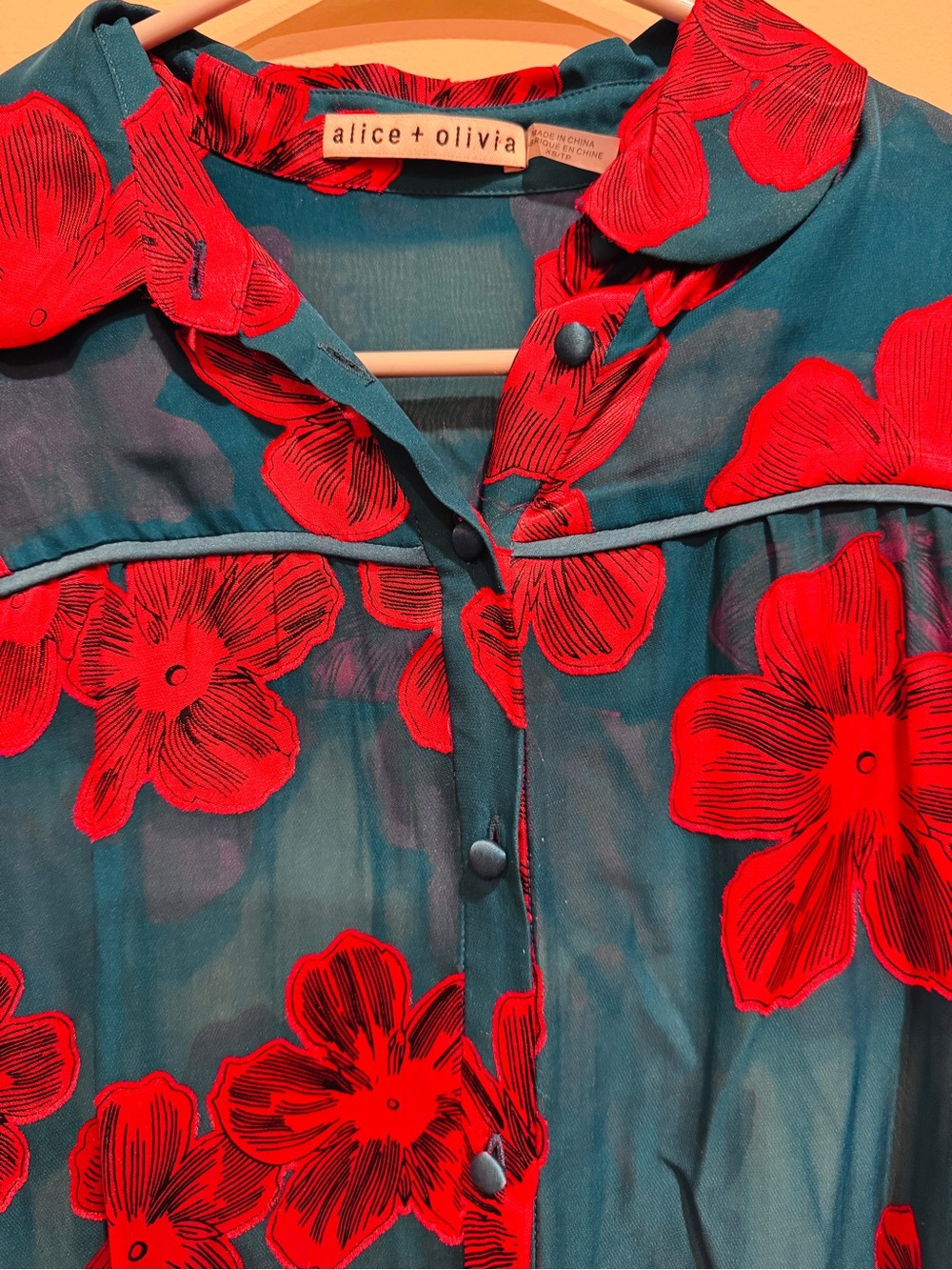 Alice + Olivia Teal Sheer Blouse with Bold Red Floral Print